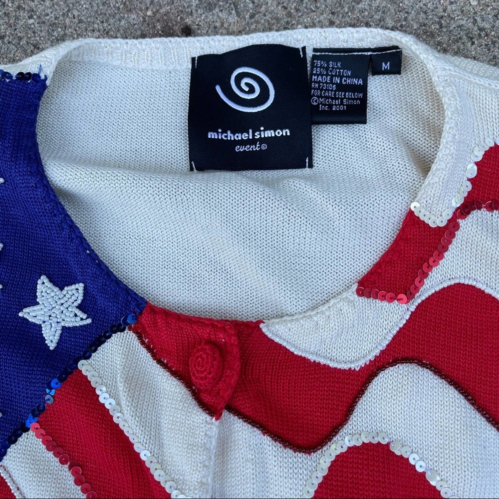Michael Simon Cardigan American Flag Beaded Sequin Silk Sweater Size Medium VTG - Picture 8 of 8